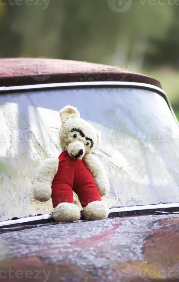 Vintage toned photo of the old bear toy on the retro rusty car outdoors