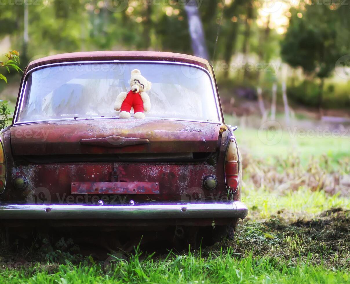 Vintage toned photo of the old bear toy on the retro rusty car outdoors