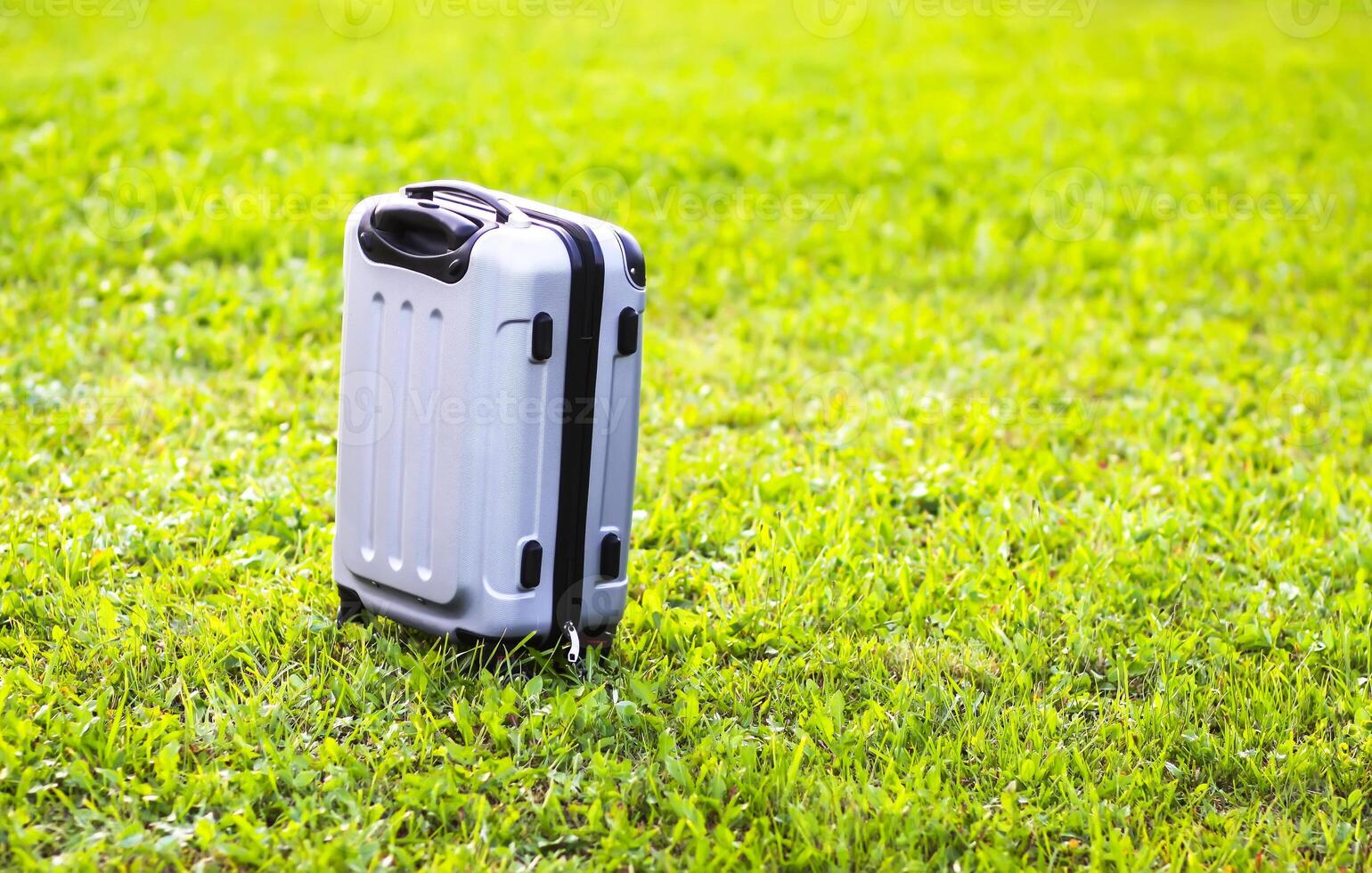 Travel plastic bag on green summer meadow photo