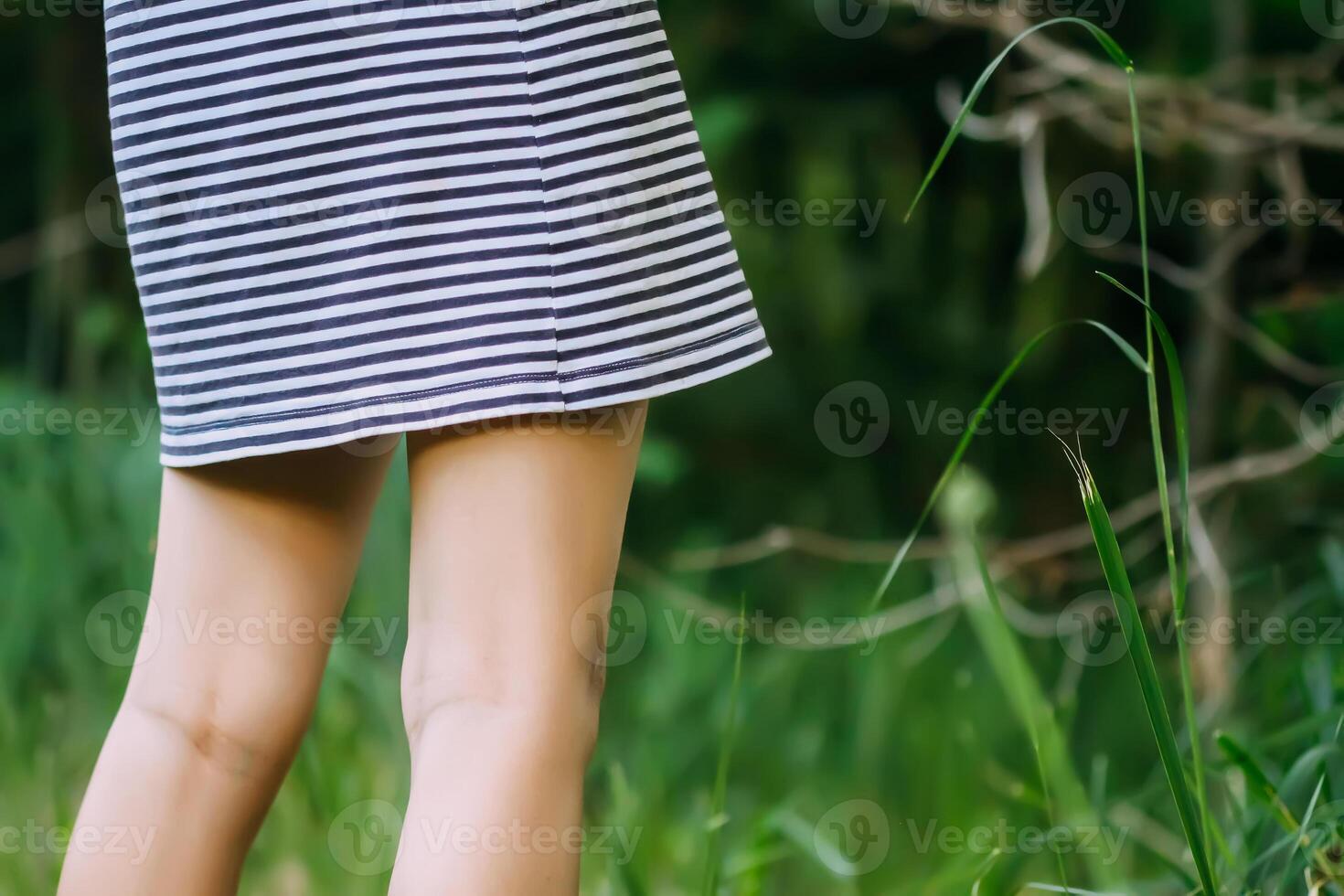 Little girl in striped dress on summer nature background. photo