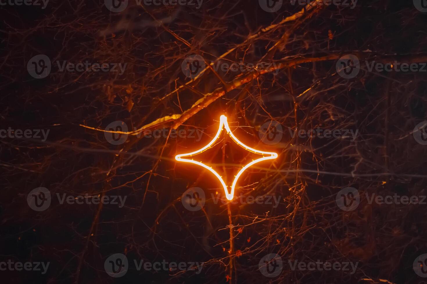 Christmas street with decorative garlands on tree branches and glowing light bulbs. photo
