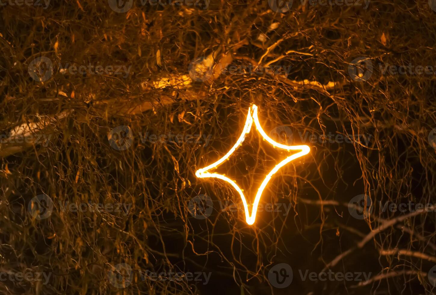 Christmas street with decorative garlands on tree branches and glowing light bulbs. photo