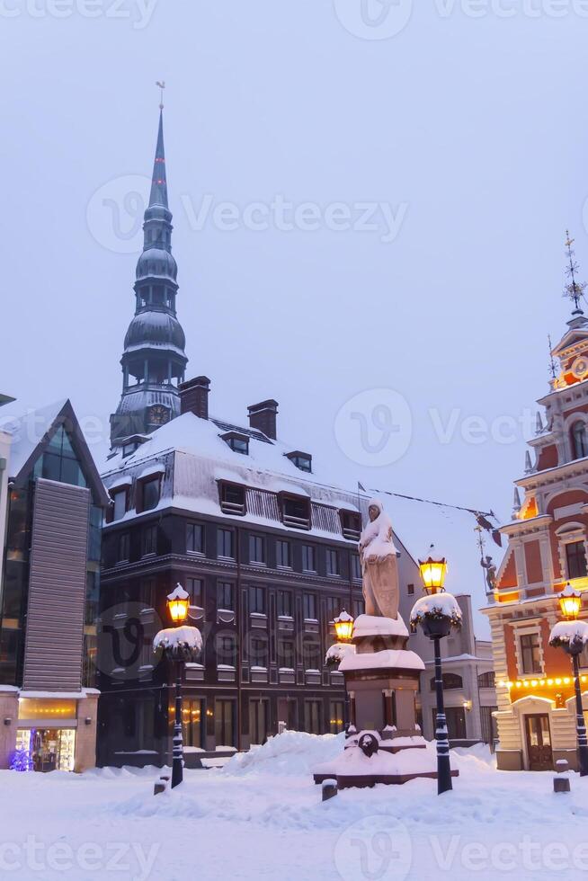 Illuminated street in the city. Christmas decorations in the old town Riga, Latvia. photo