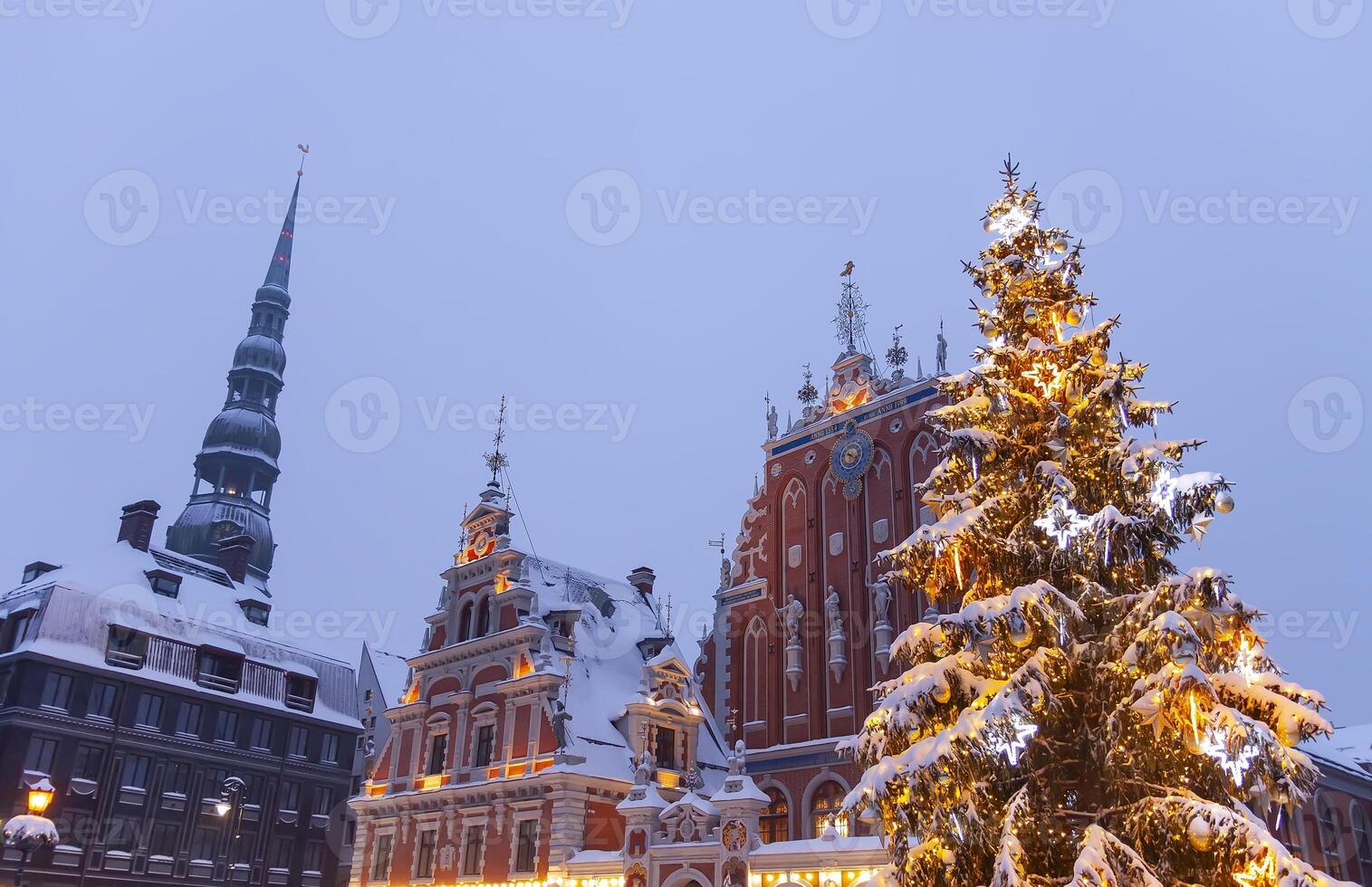 Illuminated street in the city. Christmas decorations in the old town Riga, Latvia. photo