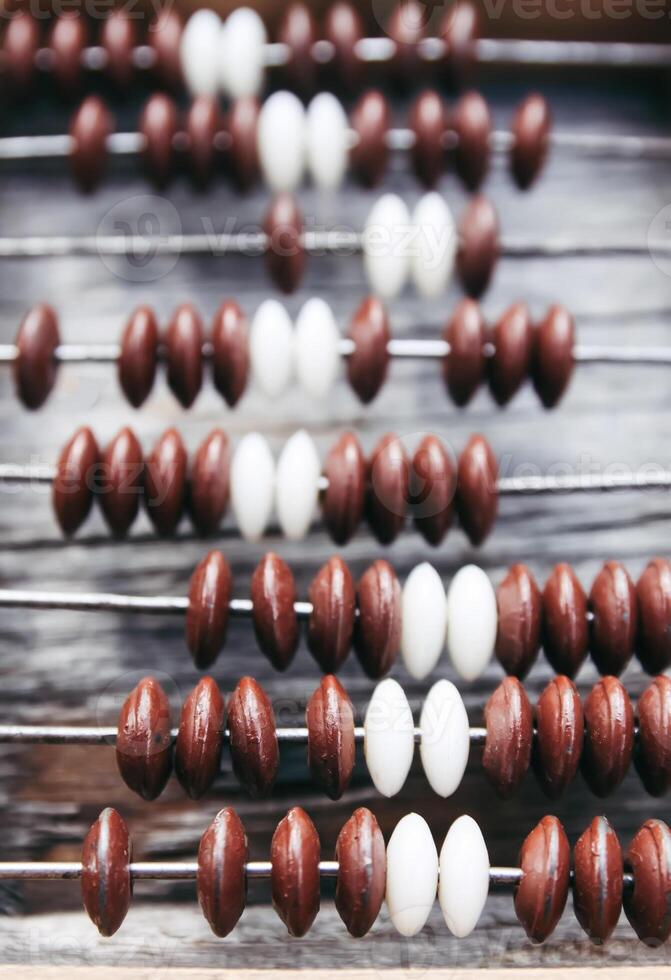 Vintage wooden abacus on old board surface. photo