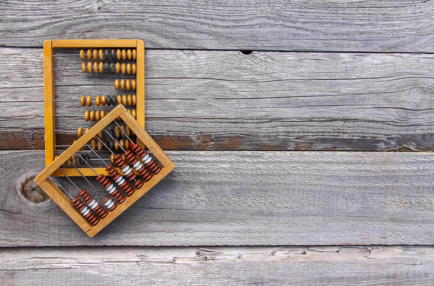 Vintage wooden abacus on old board surface. photo