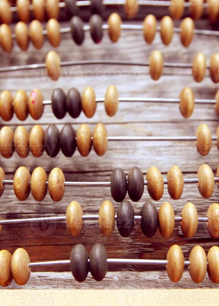Vintage wooden abacus on old board surface. photo