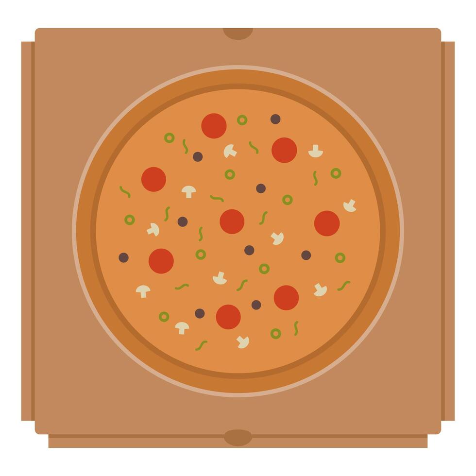 Closed Pizza Box Design . Delicious Pizza with Toppings. Pizza Brown Color Box. vector