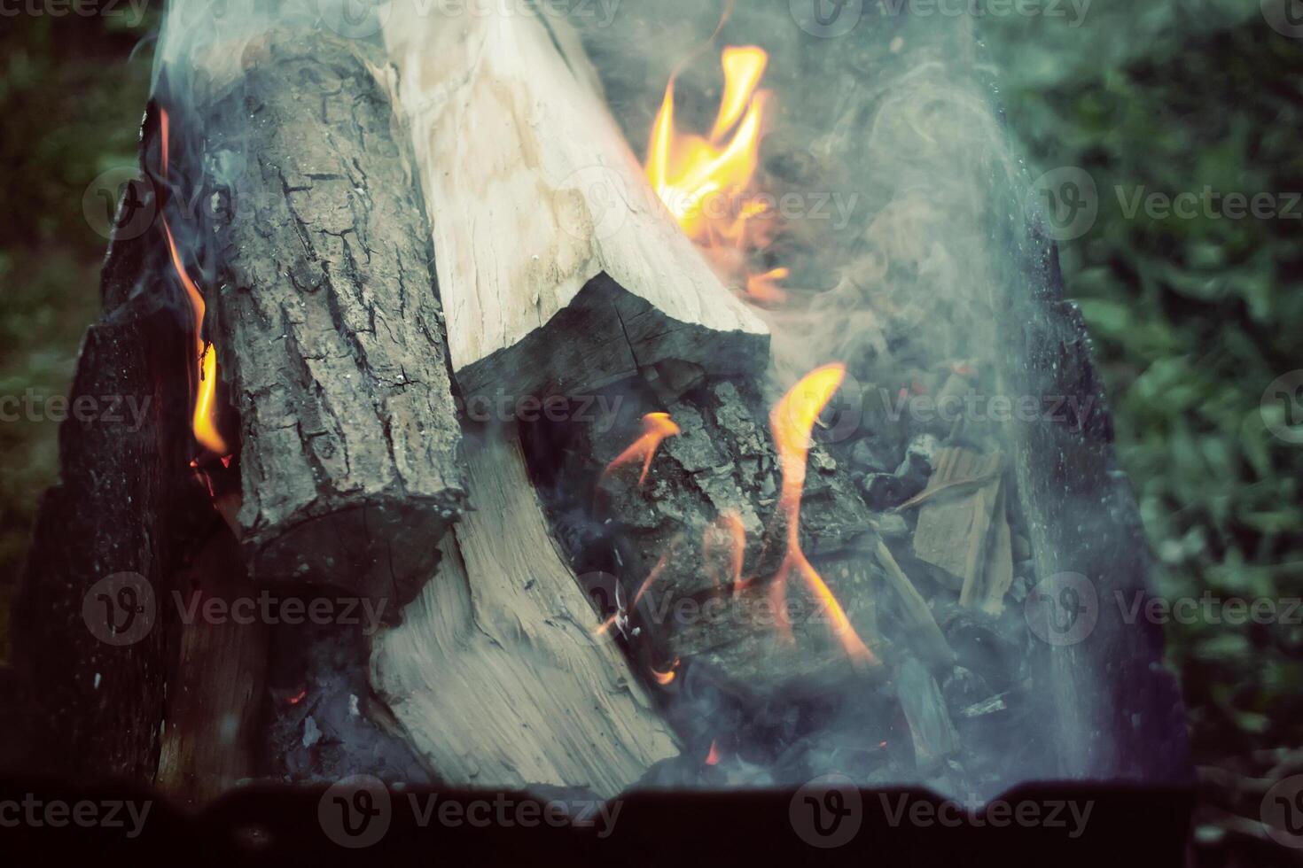 Burning firewood in the fireplace closeup photo
