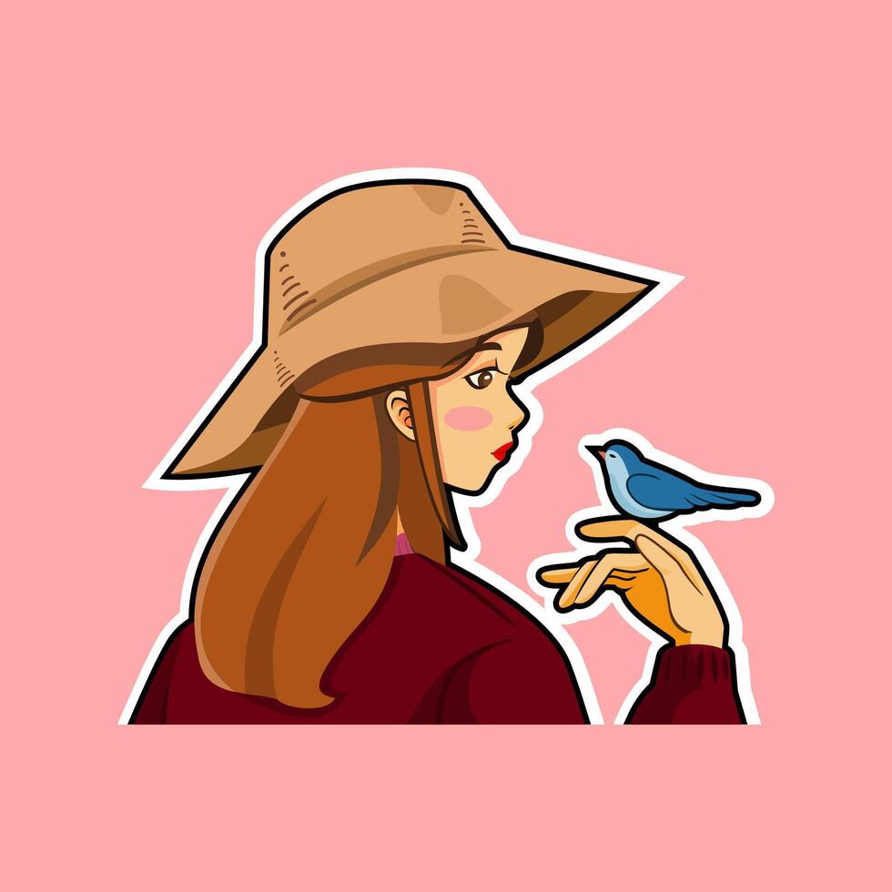 kawaii girl and bird vector