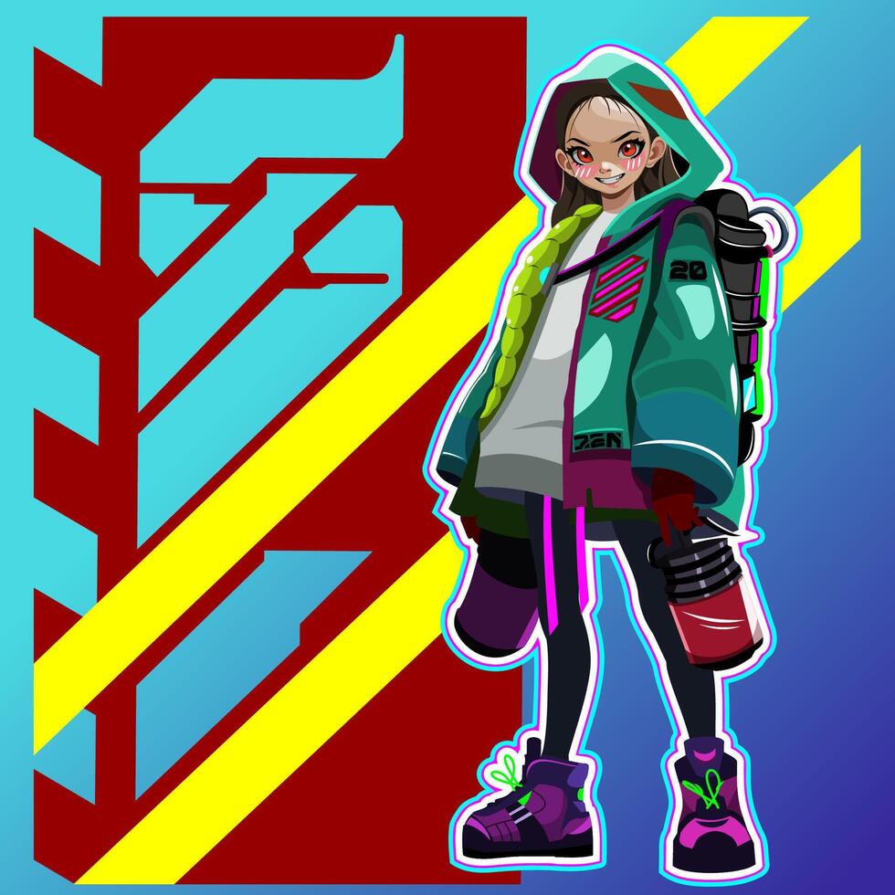 cute girl in cyberpunk manga style and fashionable vector