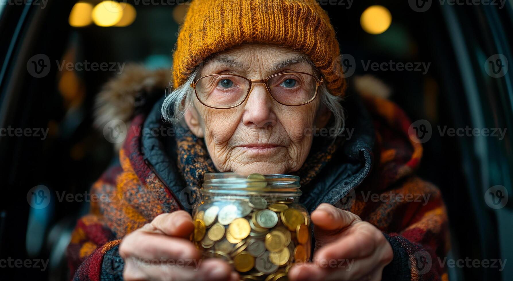 A woman wearing a yellow hat and glasses is holding a jar full of coins. She is giving the jar to someone, possibly a homeless person. Concept of generosity and kindness photo