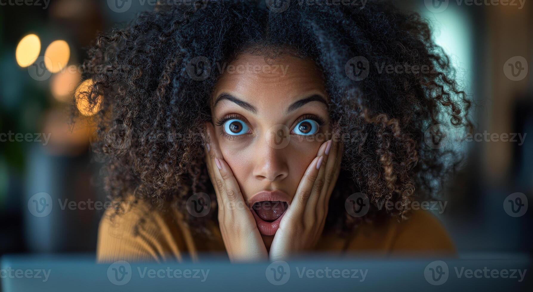 A woman with big eyes and a surprised expression is looking at a laptop. Concept of curiosity and wonder, as if the woman has just discovered something unexpected or exciting photo