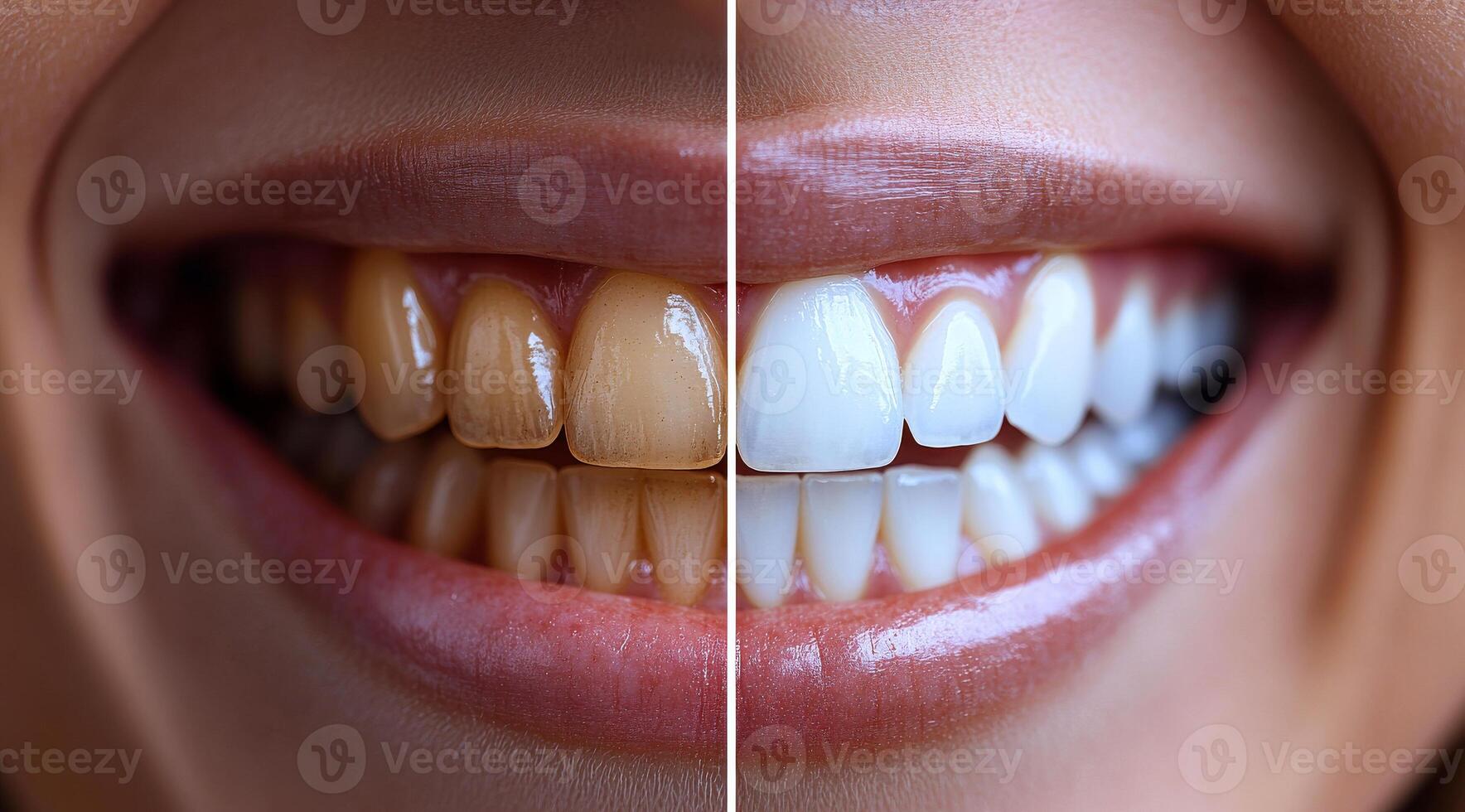 A woman's teeth are shown in two different stages of cleaning. The first image shows her teeth with stains and plaque, while the second image shows her teeth with a bright, clean appearance photo