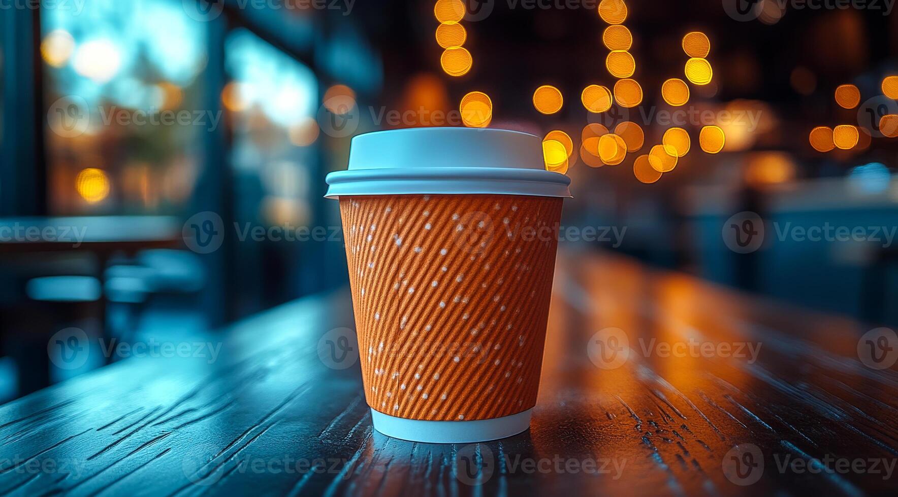 A coffee cup sits on a table in a cafe. The cup is made of paper and has a white lid. The scene is set in a dimly lit room with a blurry background, giving the impression of a cozy photo