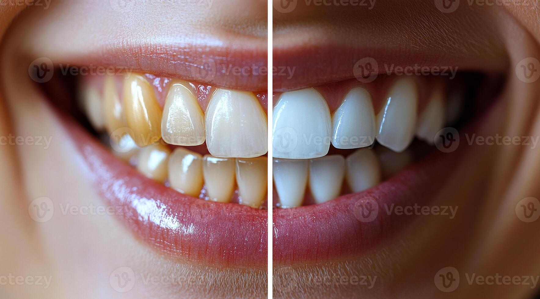 A woman's teeth with one side being a picture of her teeth before they were cleaned and the other side being a picture of her teeth after they were cleaned. The teeth are noticeably whiter photo