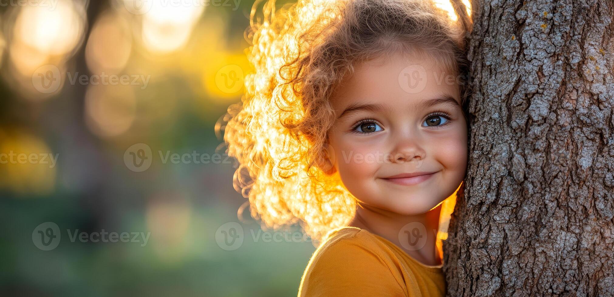 A young girl with curly hair is hugging a tree trunk. She is smiling and looking at the camera photo