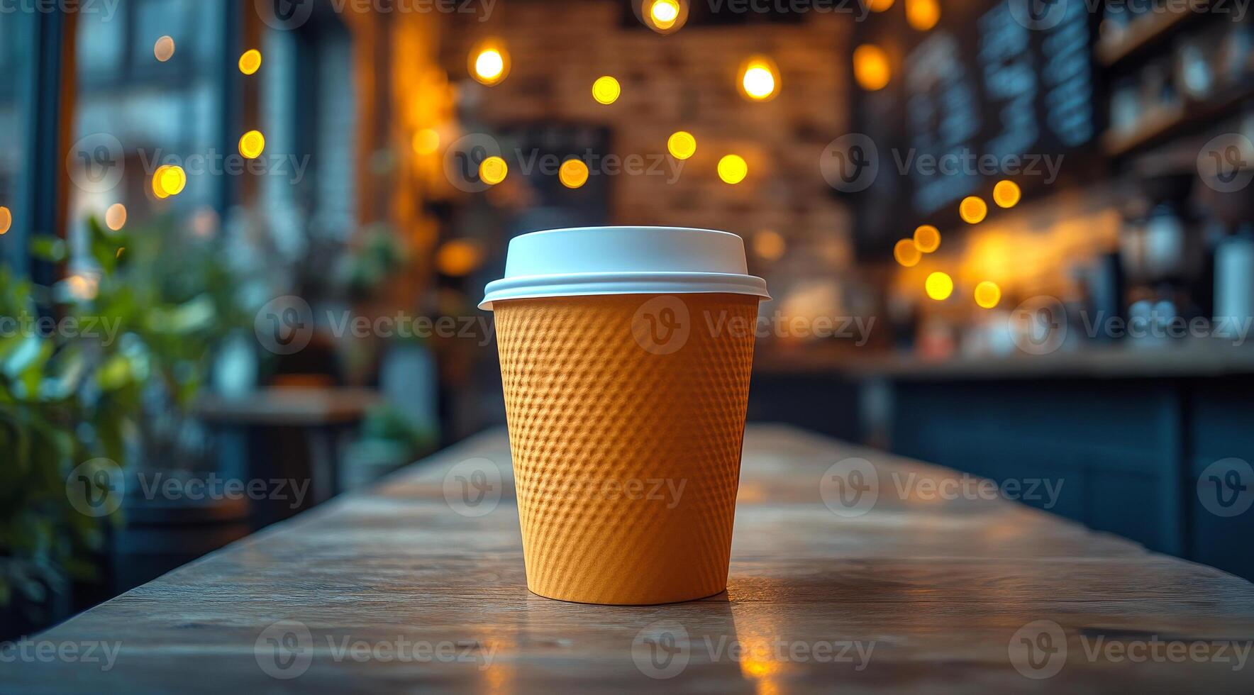 A coffee cup with a white lid sits on a wooden table in a cafe. The scene is dimly lit, giving it a cozy and intimate atmosphere photo