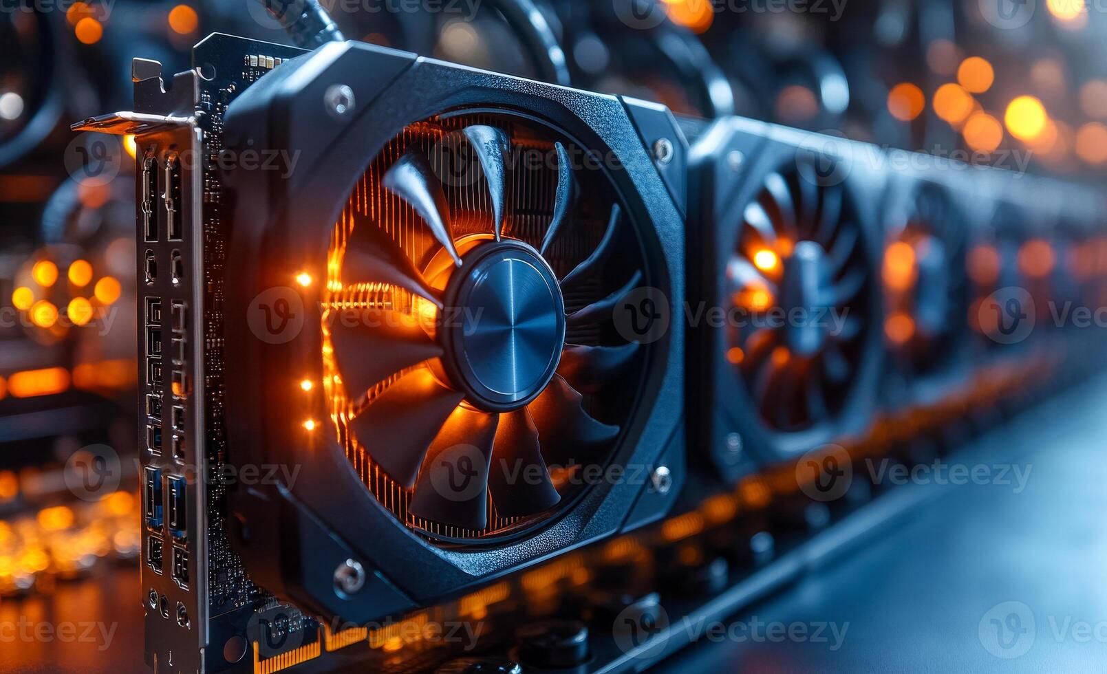 A row of computer fans are lit up in orange photo