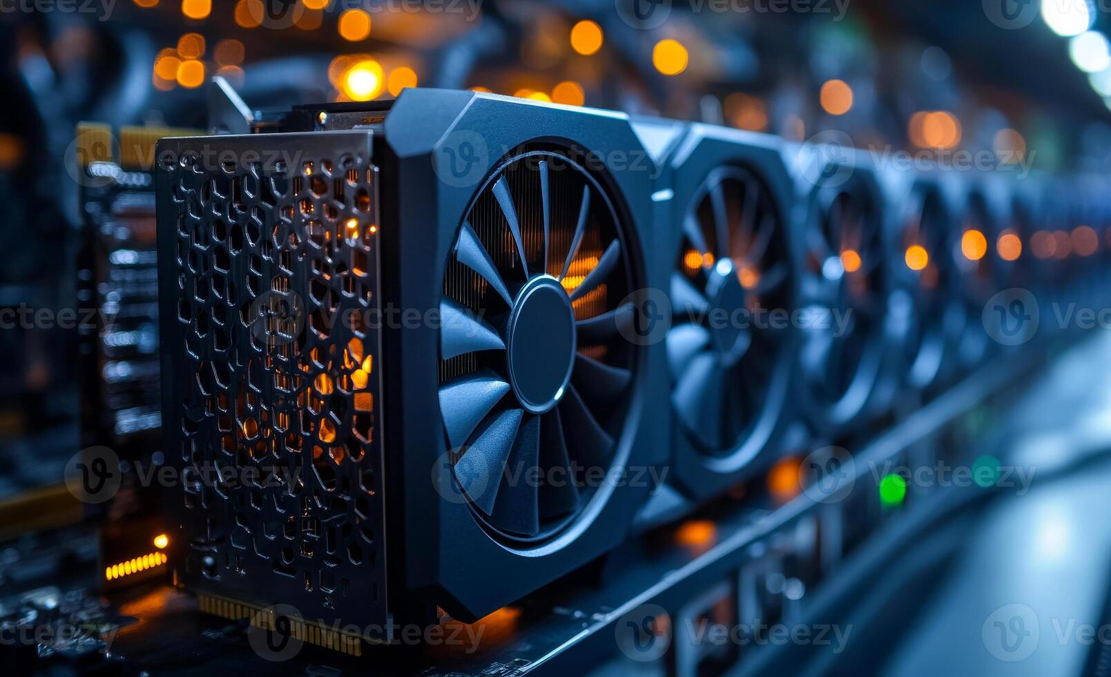A row of computer fans are lit up in a dark room. The fans are black and have a metallic appearance photo