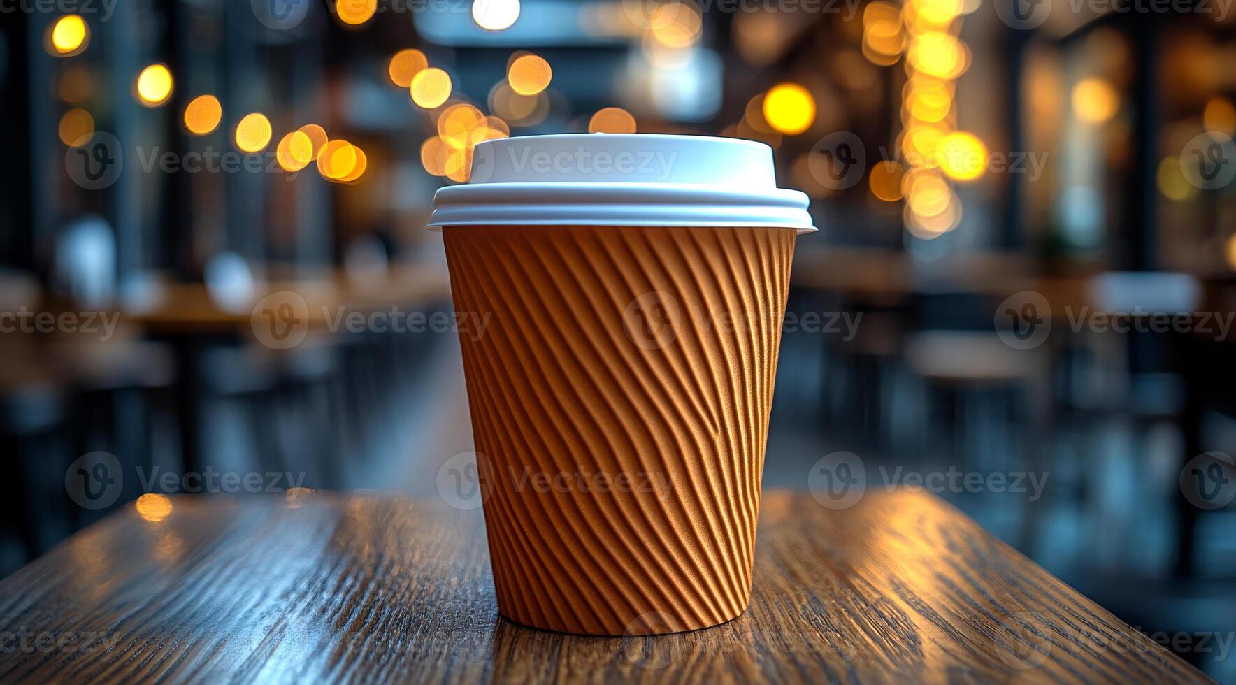 A coffee cup with a white lid sits on a wooden table in a restaurant. The scene is set in a restaurant with tables and chairs, and the lighting is dim photo
