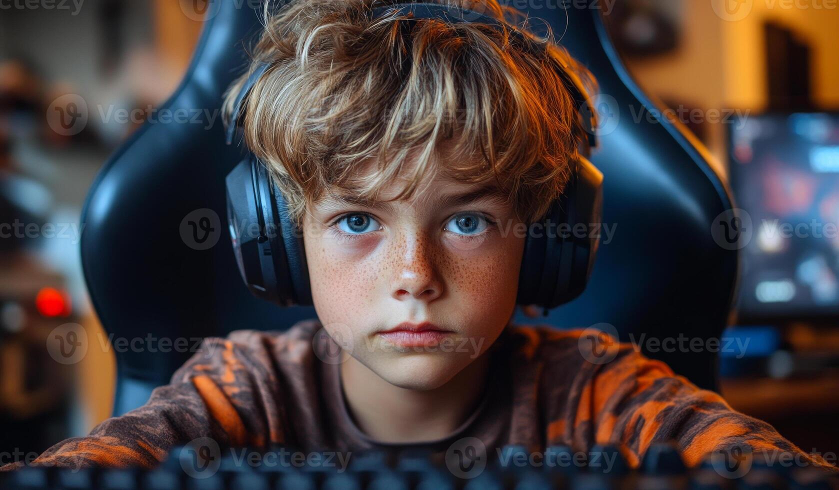 A young boy wearing headphones is sitting in front of a computer keyboard. He is focused on the screen and he is playing a game photo