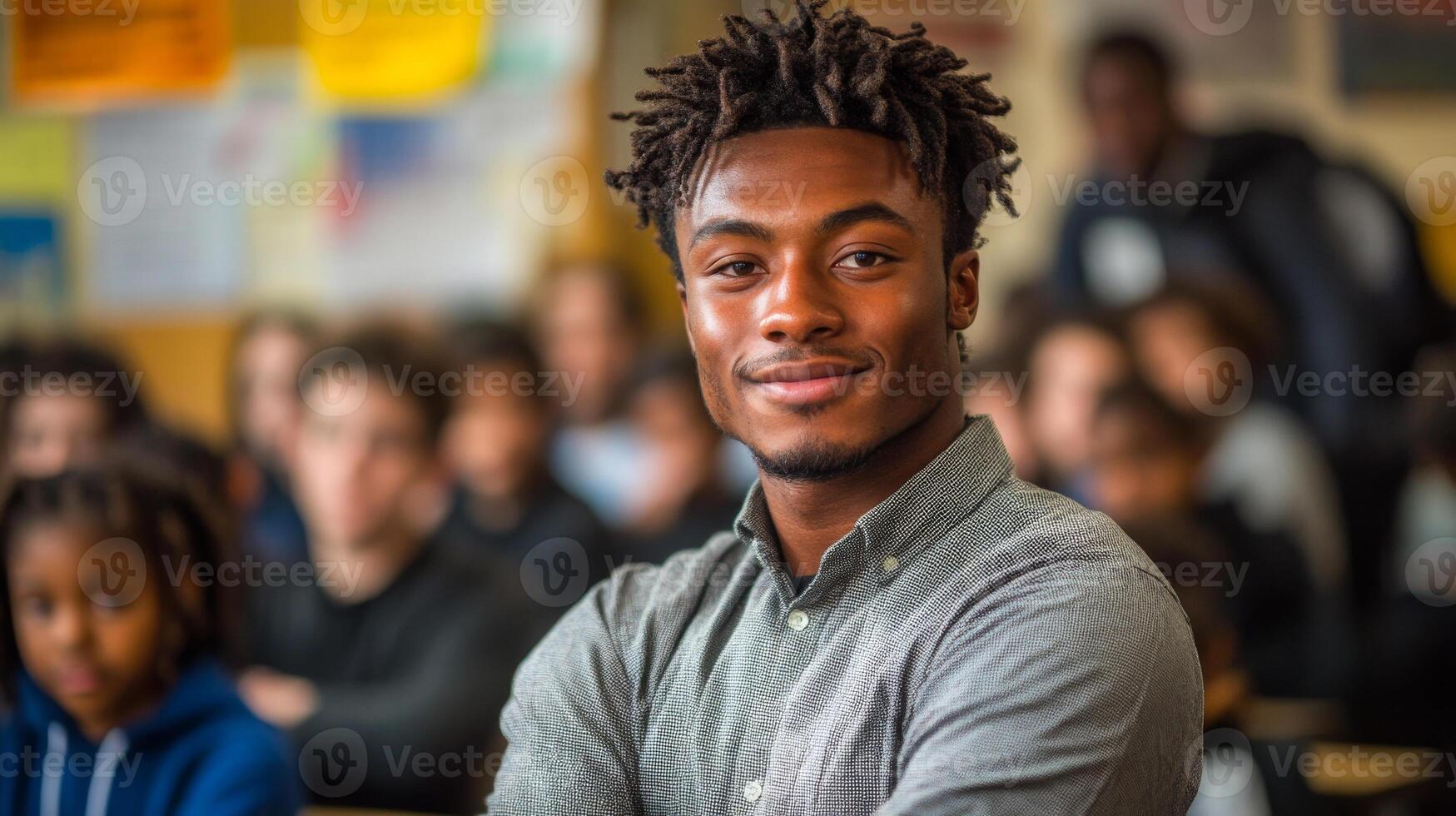 A young man with dreadlocks is smiling at the camera in front of a crowd. Concept of confidence and pride in his appearance photo