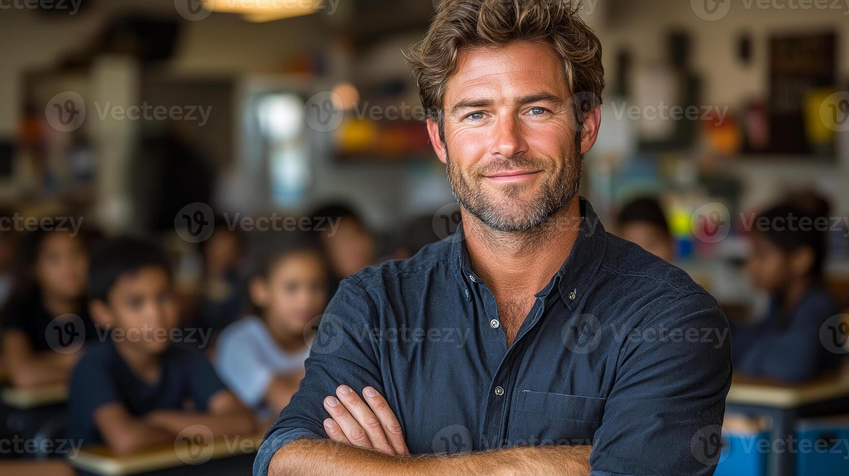 A man is standing in front of a group of children, smiling and posing for a picture. The children are sitting at desks, some of them looking at the camera. Concept of warmth and friendliness photo