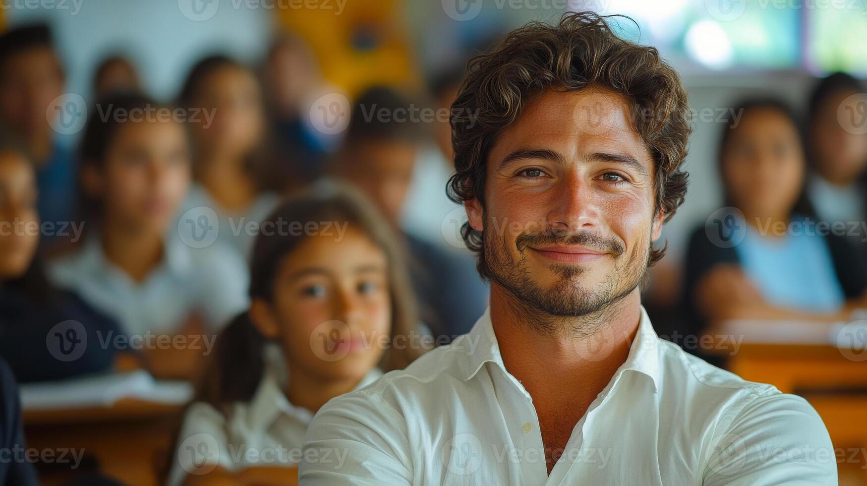 A man with a beard and a smile is posing for a picture in front of a group of people photo