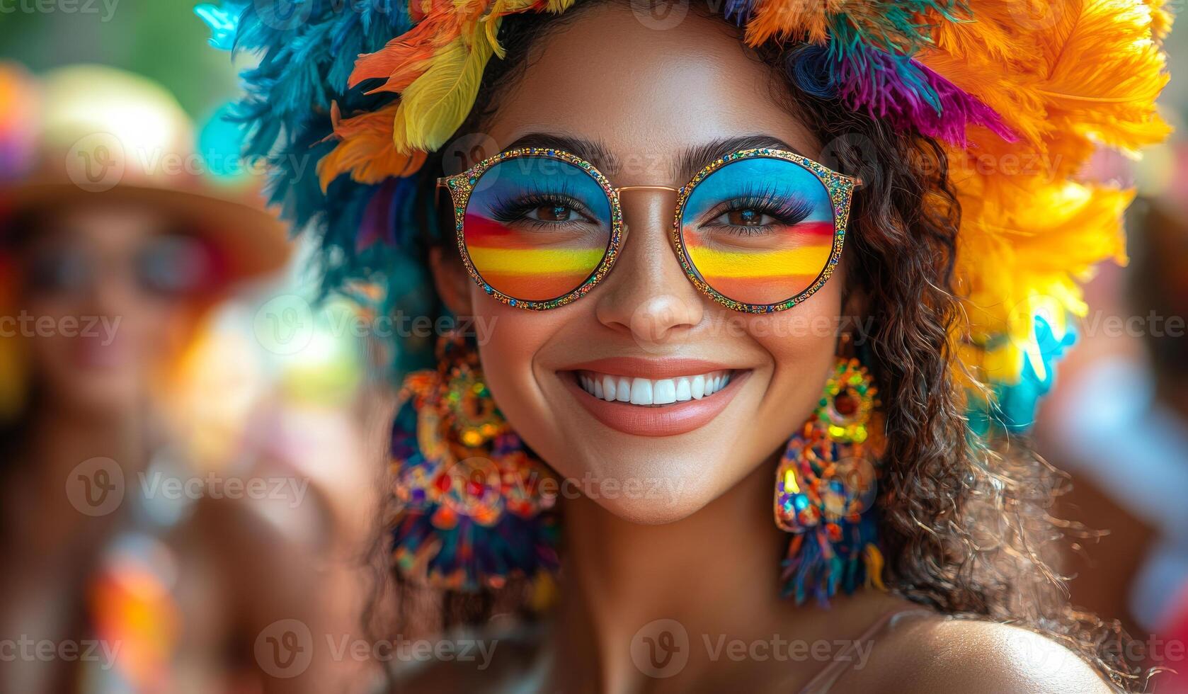 A woman wearing a colorful headdress and sunglasses is smiling. She is wearing a colorful outfit and has colorful makeup on her face photo