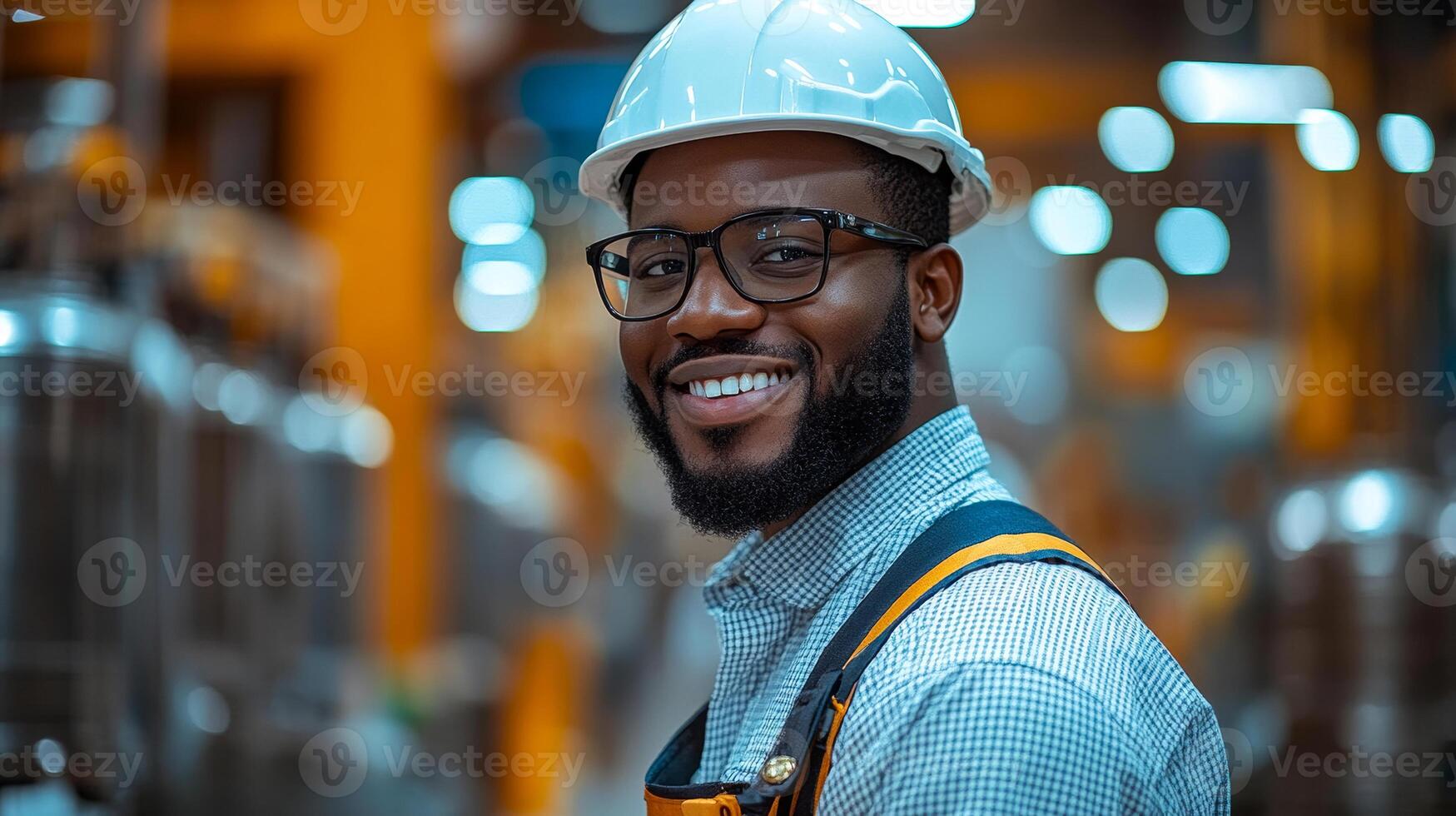 A man wearing a hard hat and safety glasses is smiling. He is standing in a factory. Scene is cheerful and positive photo