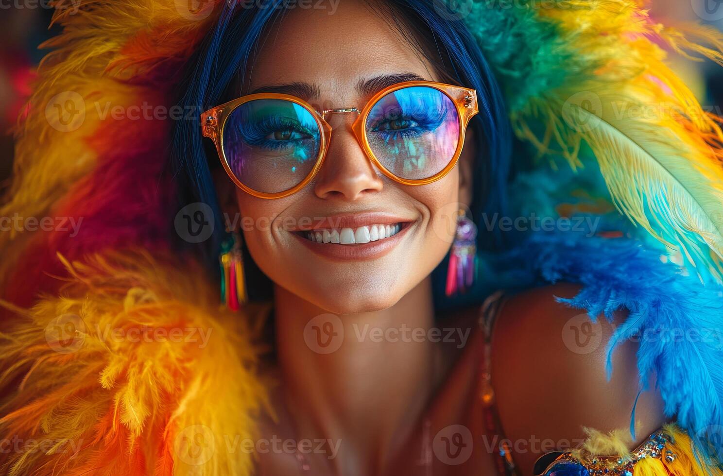 Happy woman queen celebrating pride. A woman in rainbow clown wig glitter makeup celebrating LGBTQ at pride parade. photo