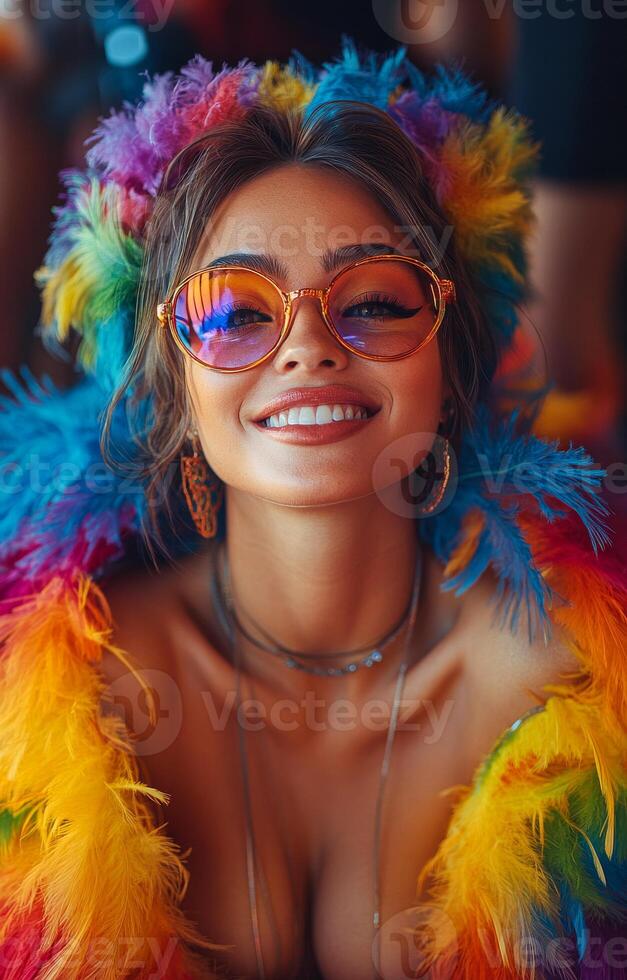 A woman wearing a colorful feather headdress and glasses is smiling. Concept of fun and celebration, as the woman is enjoying herself and embracing the vibrant colors of her outfit photo