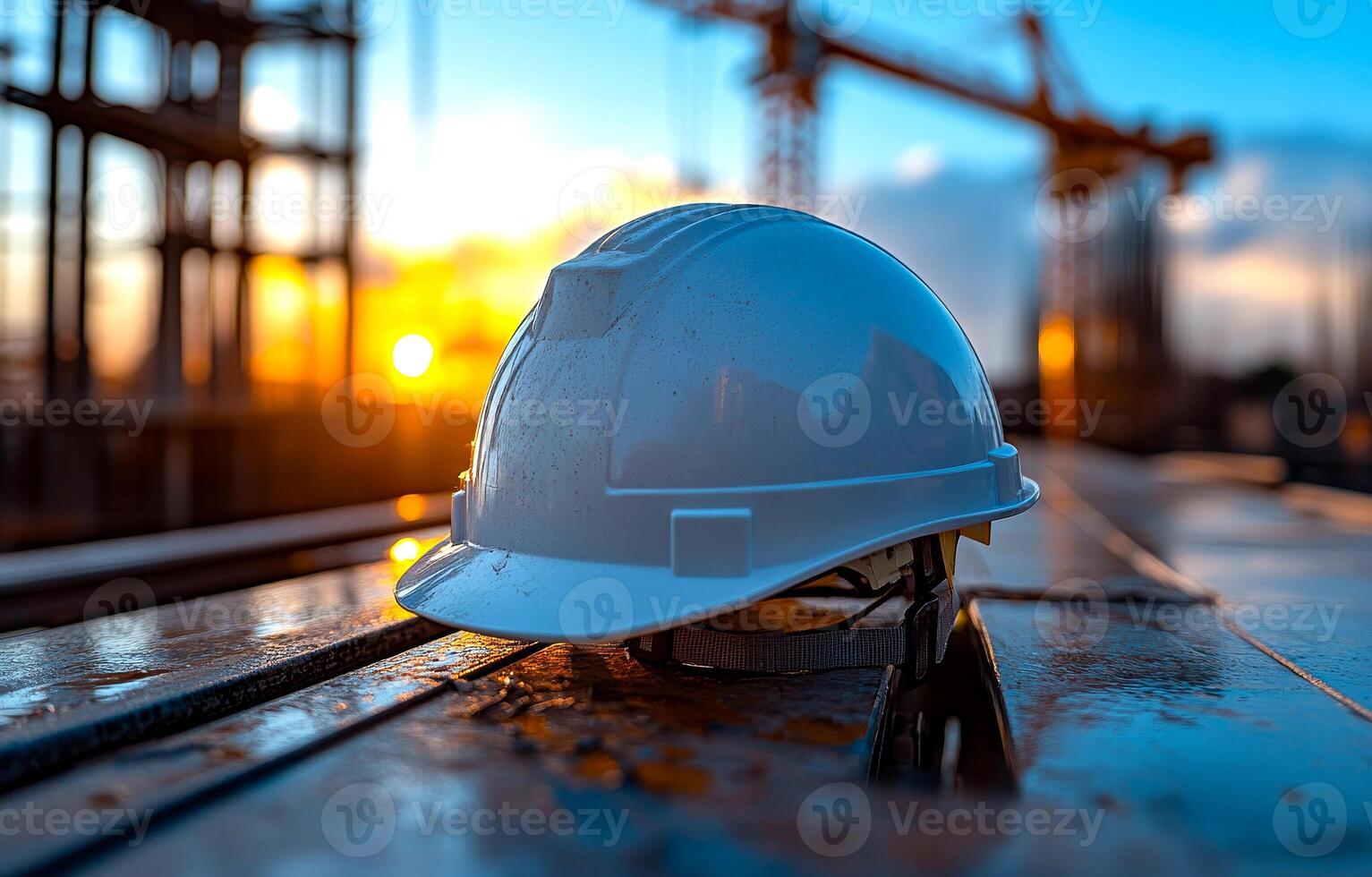 A white hard hat is sitting on a table. The sun is setting in the background, casting a warm glow on the scene. Concept of safety and professionalism photo