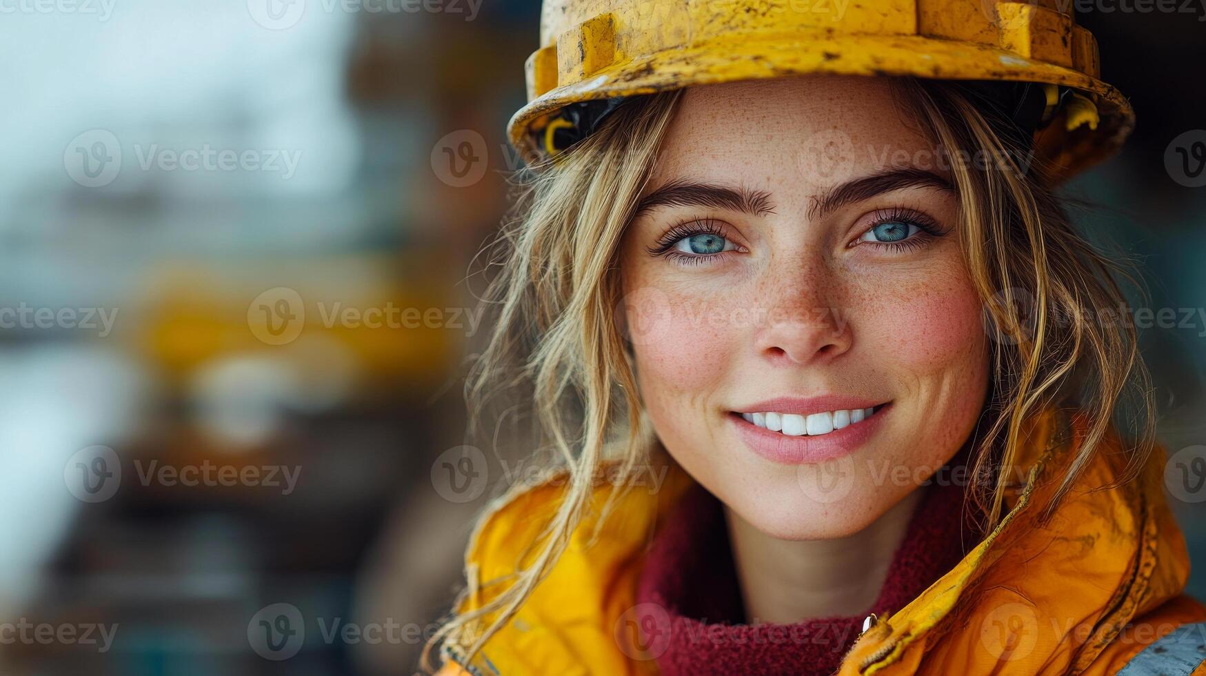 A woman wearing a yellow hard hat and a red jacket is smiling. She has blue eyes and a red scarf around her neck photo