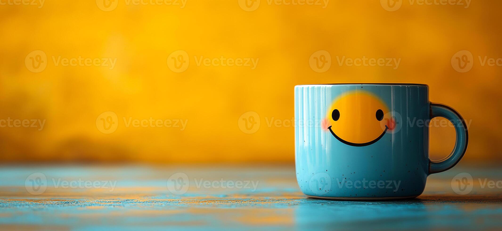 A smiling cup on a table with a yellow background. The cup is blue and has a smiley face on it photo