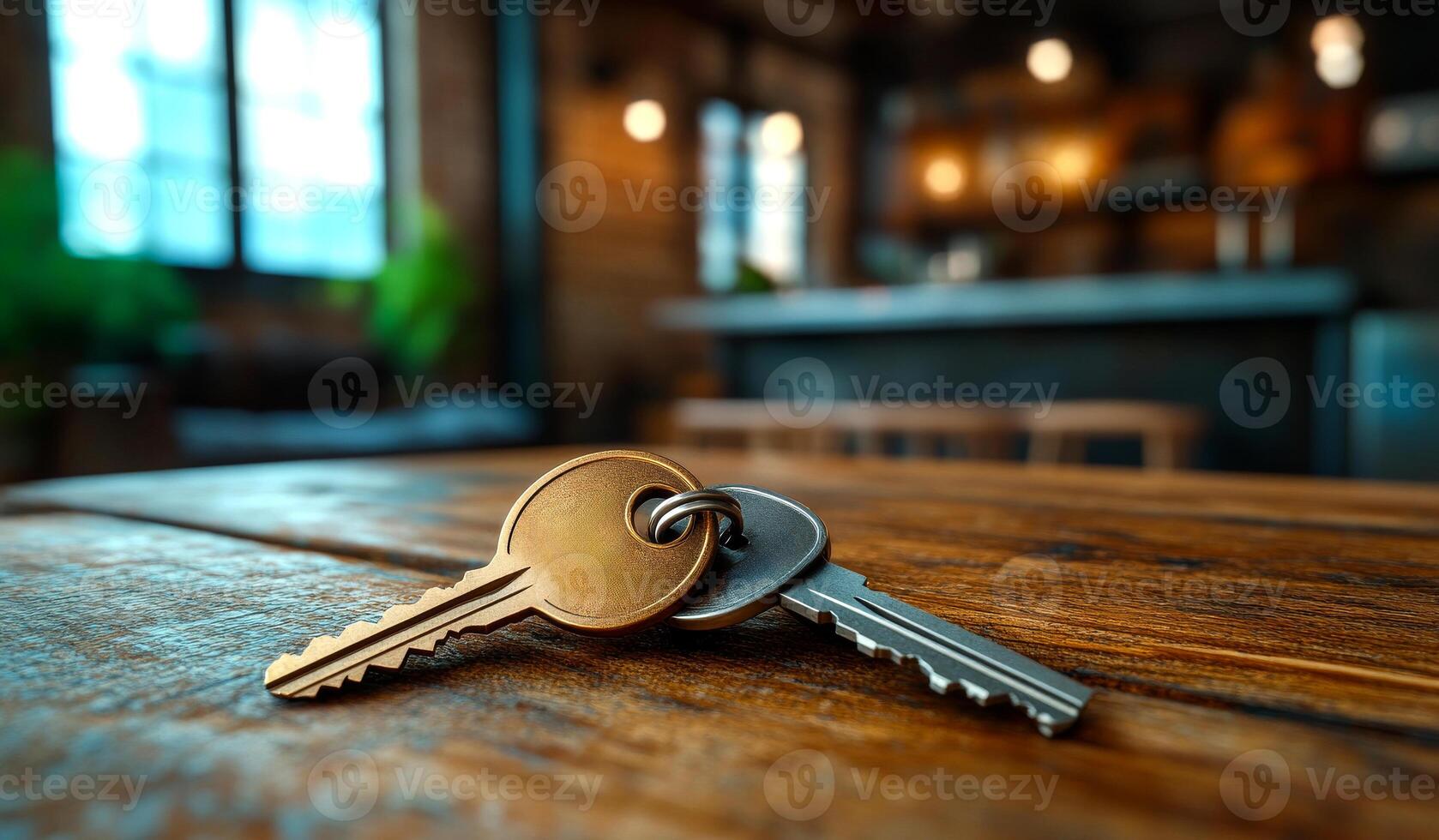 Two keys are on a wooden table. The keys are silver and gold photo