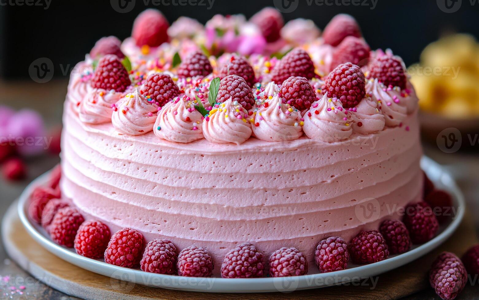 A pink cake with strawberries and raspberries on top. The cake is decorated with frosting and sprinkles photo
