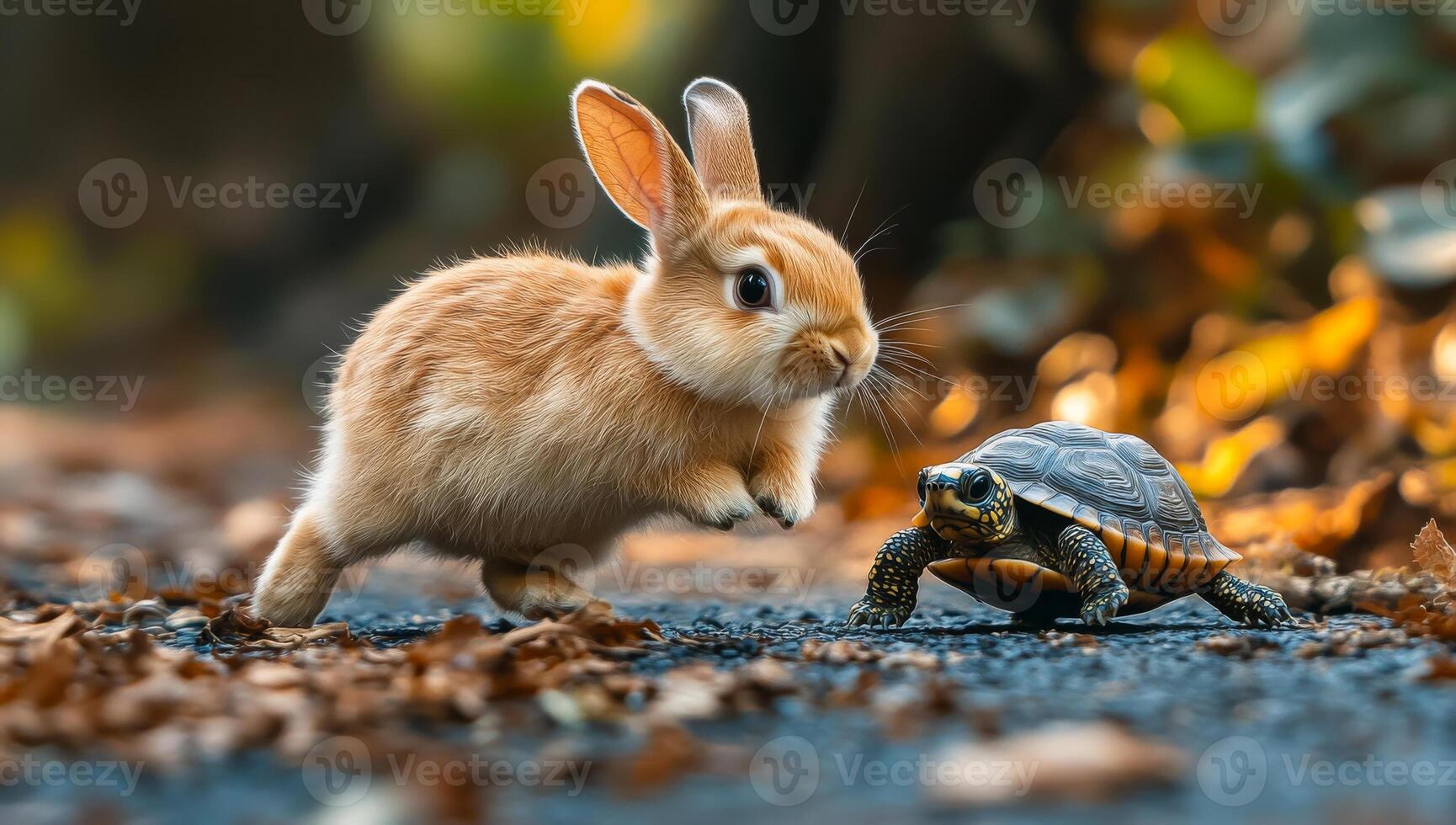A rabbit and a turtle are running on the ground photo