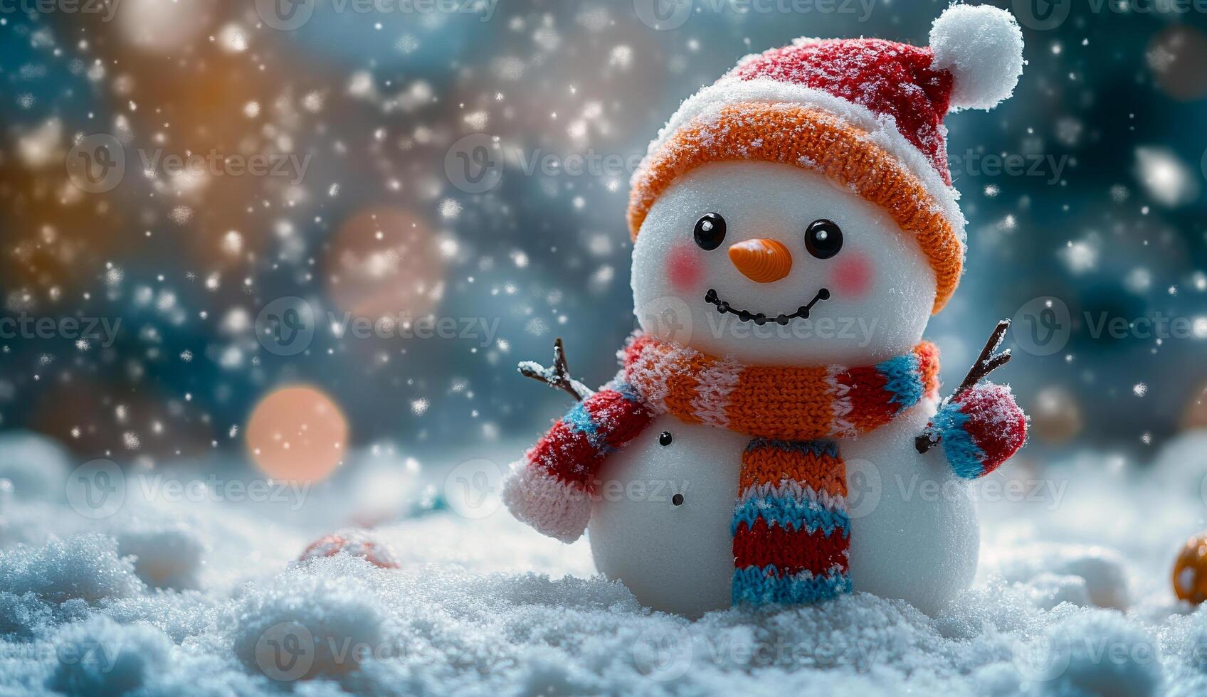 A snowman with a red and orange scarf and hat is sitting in the snow. The snowman has a happy expression on its face photo
