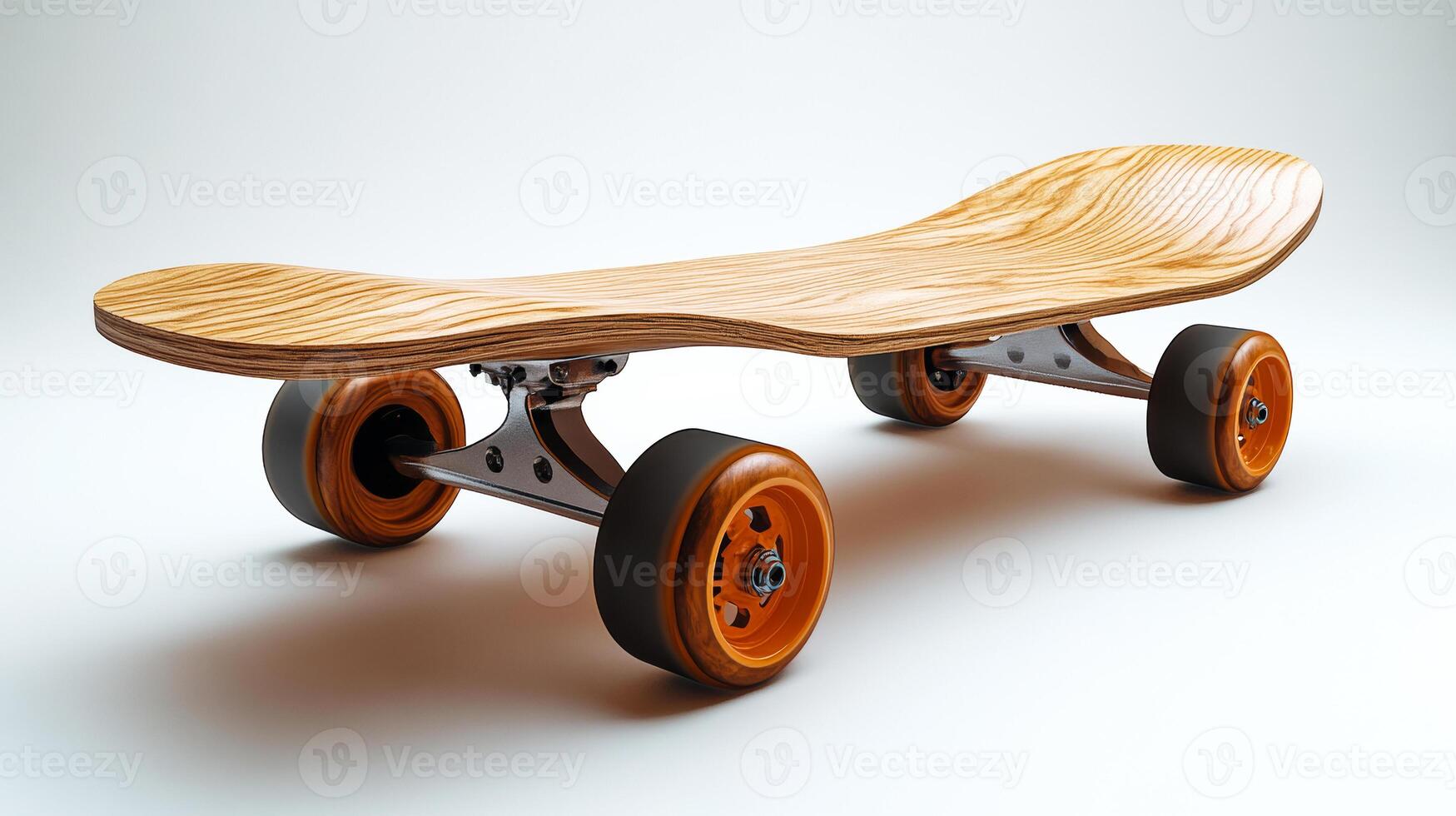 A wooden skateboard with orange wheels. The skateboard is sitting on a white background photo