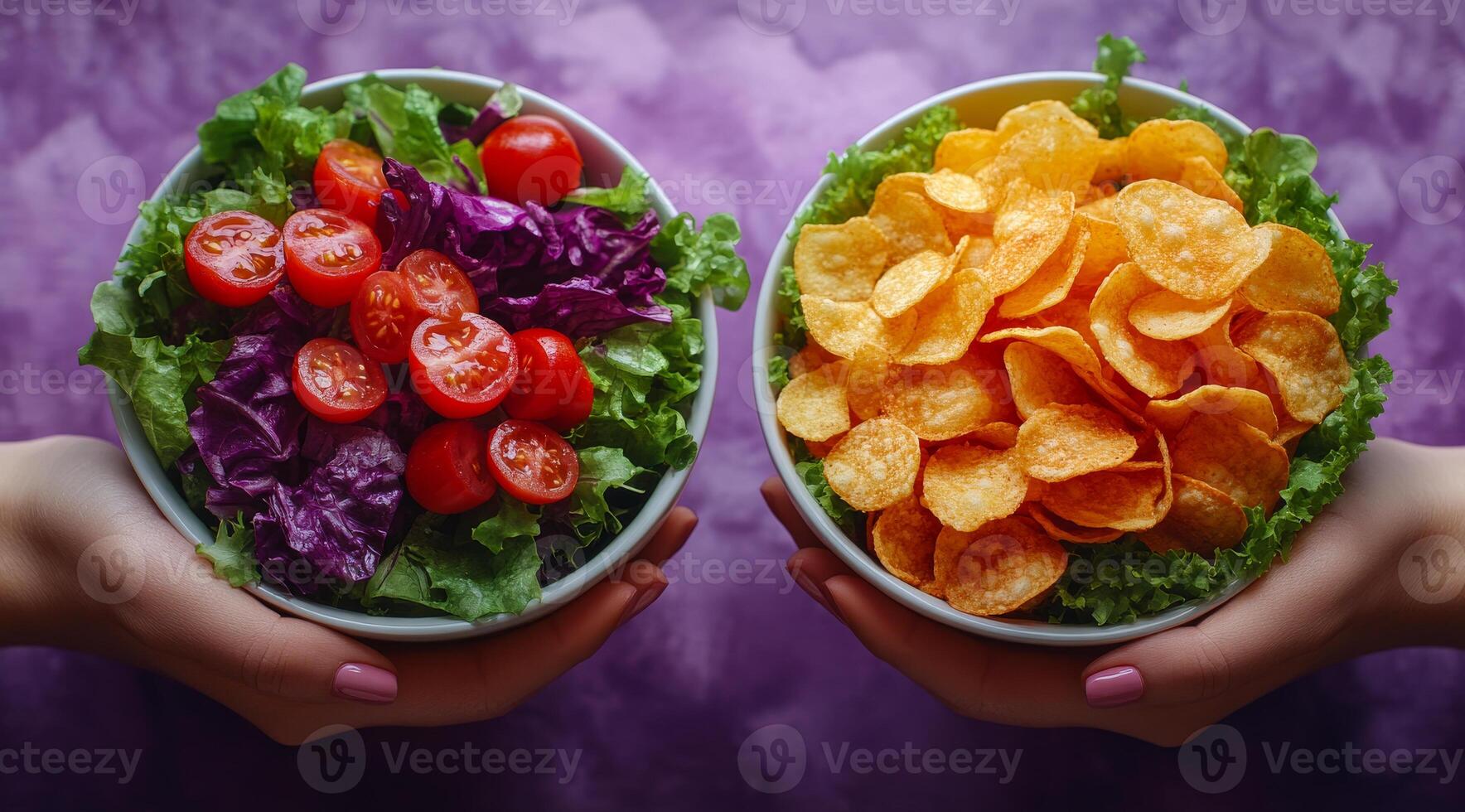 Two bowls of food, one with salad and the other with chips. The salad bowl is full of lettuce, tomatoes, and other vegetables, while the chips bowl is full of potato chips. The image conveys a healthy photo