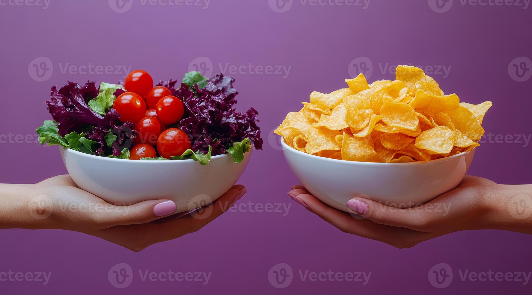 Two people holding bowls of food, one with salad and the other with chips. Scene is lighthearted and playful, as the two people are holding up their bowls in a friendly manner photo