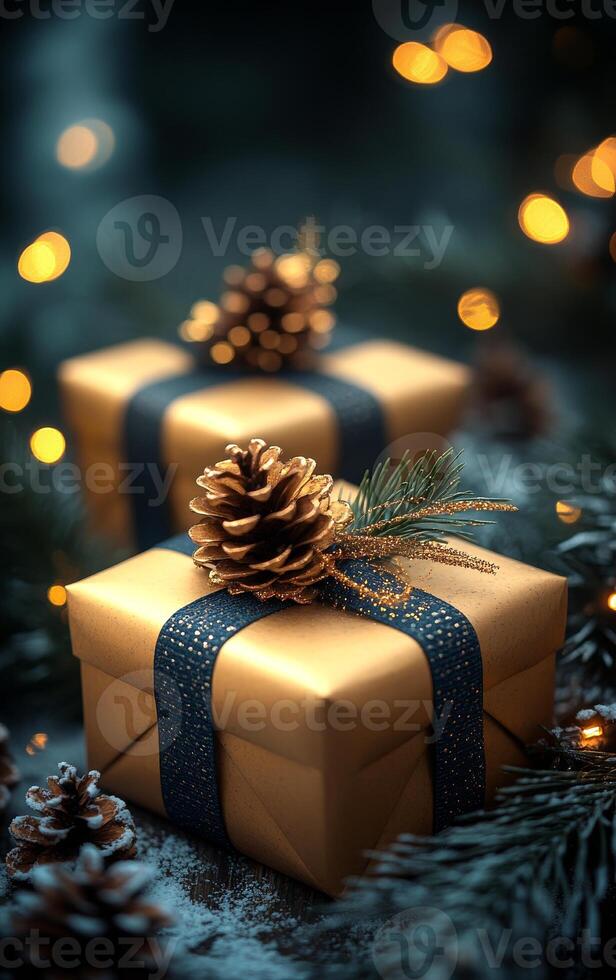 A gold box with a pine cone on top of it. The pine cone is surrounded by a blue ribbon. The box is placed on a table with a green tree branch photo