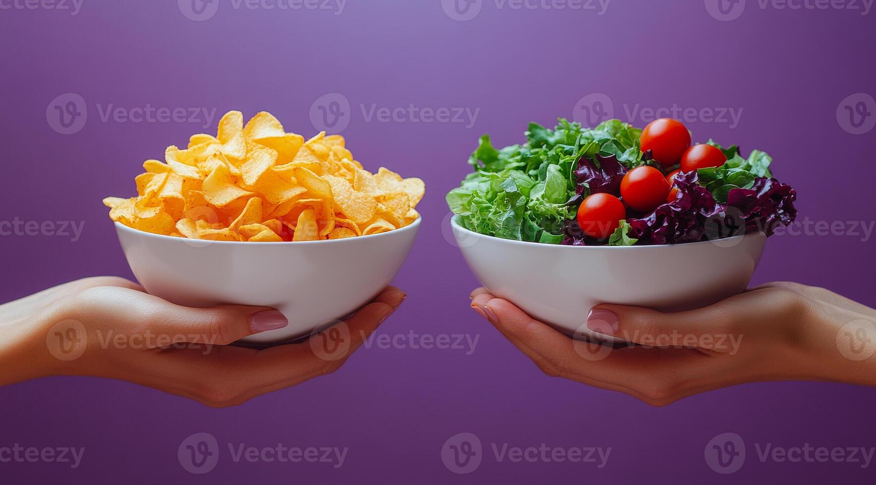 Two people holding bowls of food, one with chips and the other with salad. Scene is lighthearted and playful, as if the people are comparing the two types of food photo