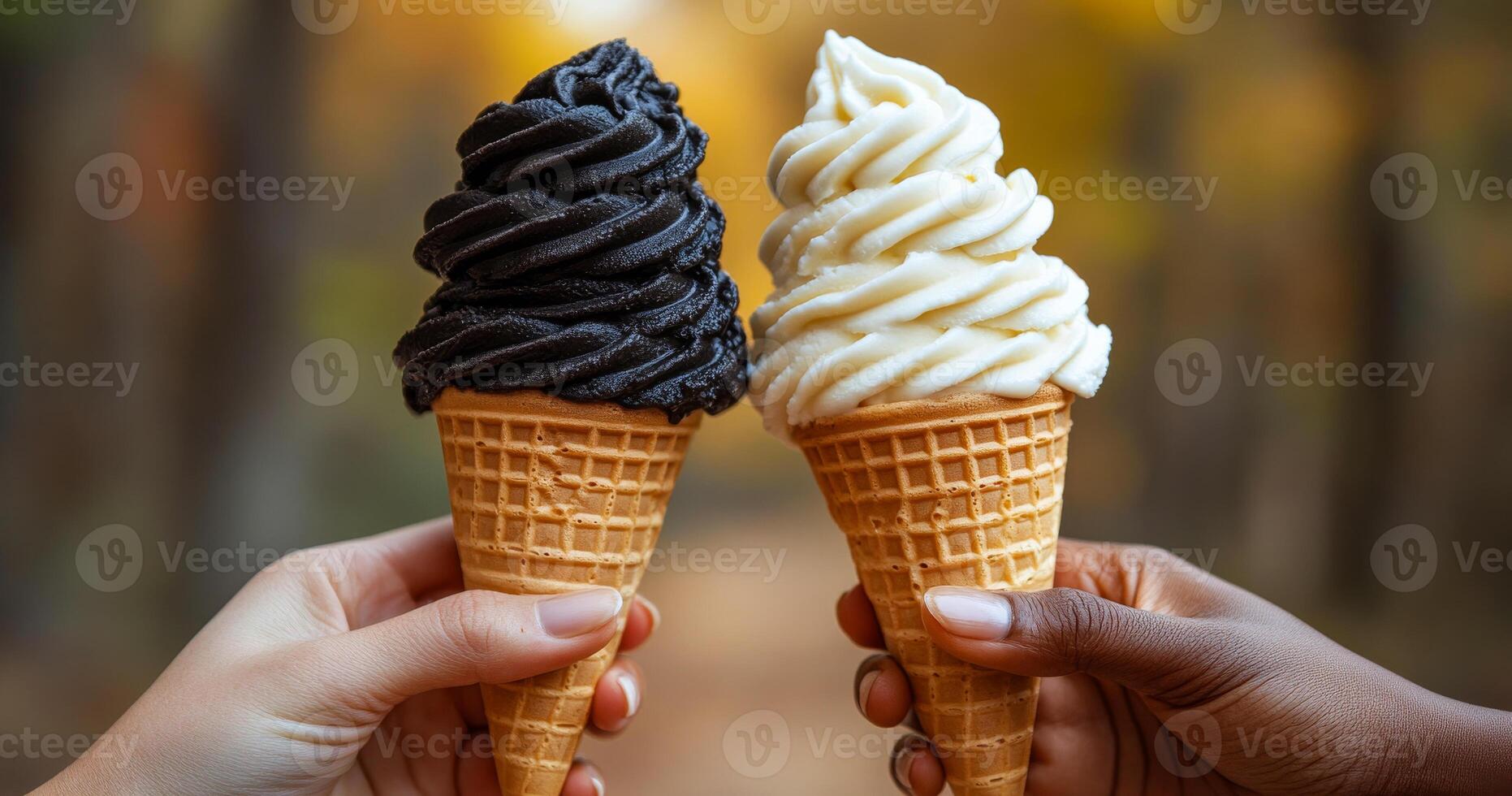 Two people holding two ice cream cones, one black and one white. Scene is lighthearted and fun photo