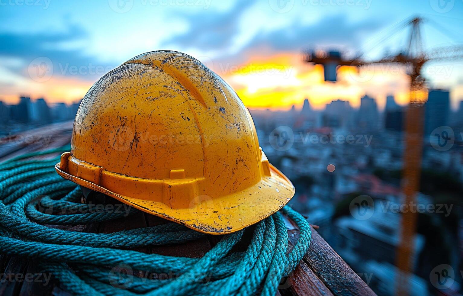 A yellow hard hat is on a rope. The image has a mood of work and safety photo