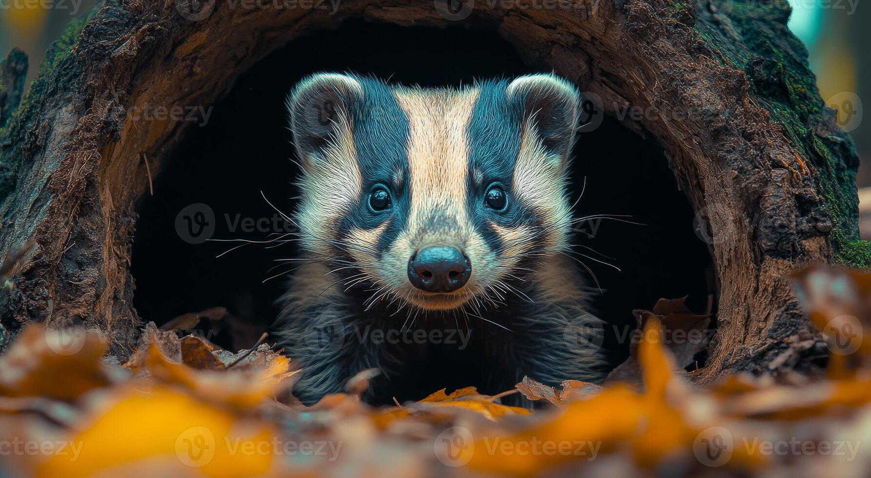 A small animal with a black and white face is peeking out of a hole in the ground photo