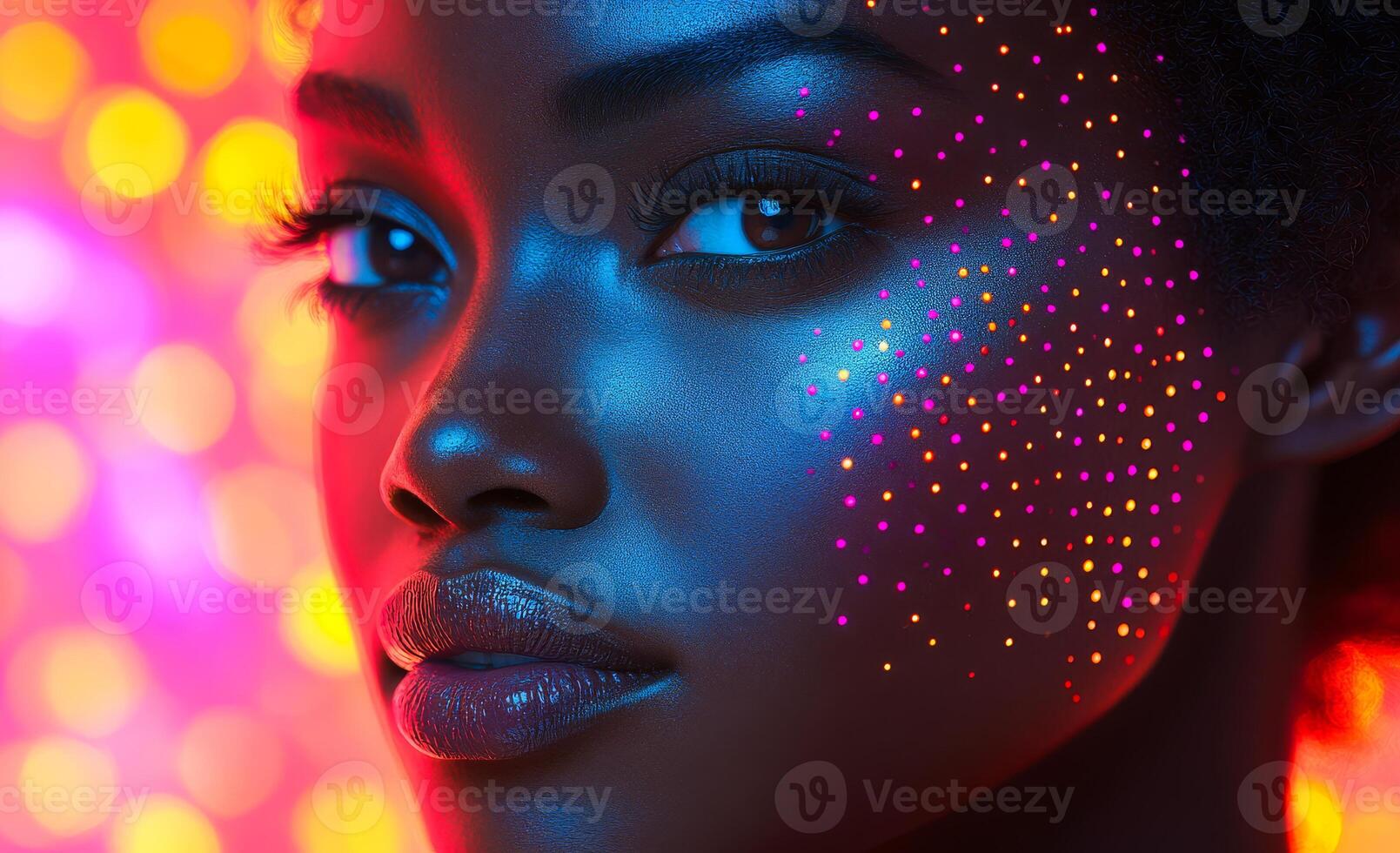 A woman with colorful face paint and a bright pink background. The woman's face is covered in glitter and she has a serious expression photo
