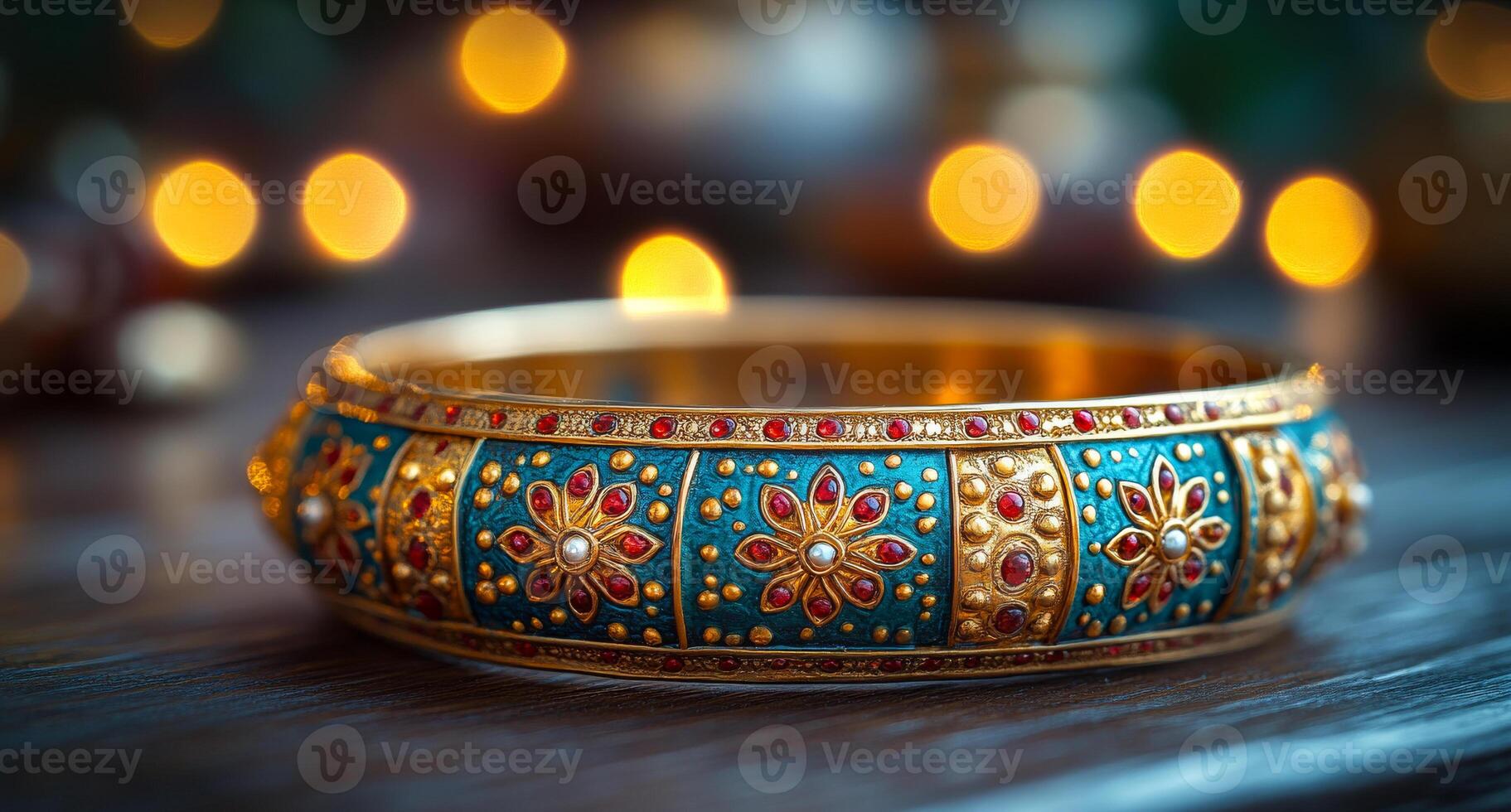 A gold and blue bracelet with red flowers on it. The bracelet is on a wooden table. The table is surrounded by lights, creating a warm and cozy atmosphere photo
